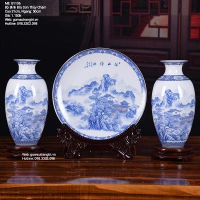 BỘ BÌNH ĐĨA SỨ XƯƠNG HỌA TIẾT SƠN THỦY